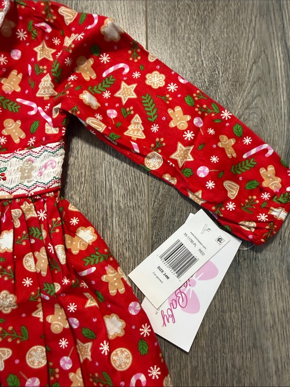 Bonnie Baby Red Holiday Smocked Long-Sleeve Dress with Festive Print - Picture 4 of 7